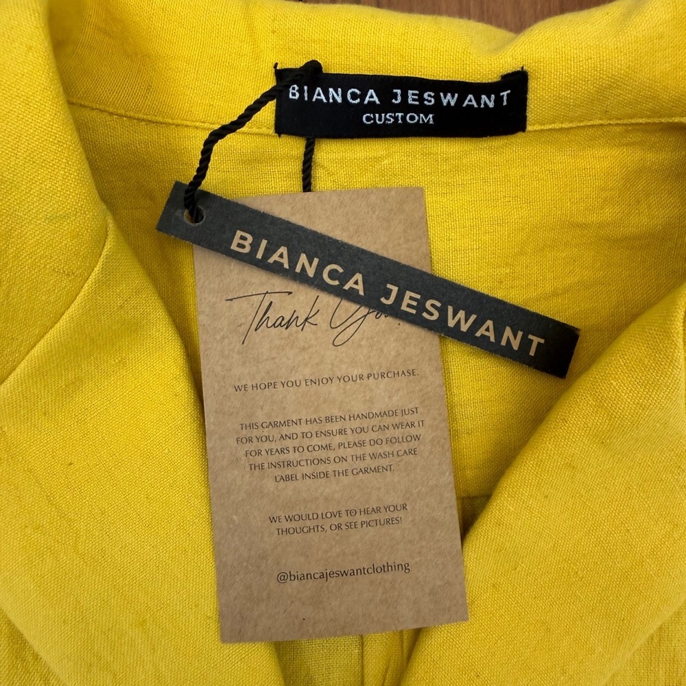 Bianca Jeswant XS Yellow Hand Embroidered Palm Tree 100% Cotton Camp Shirt NWT - Picture 4 of 5